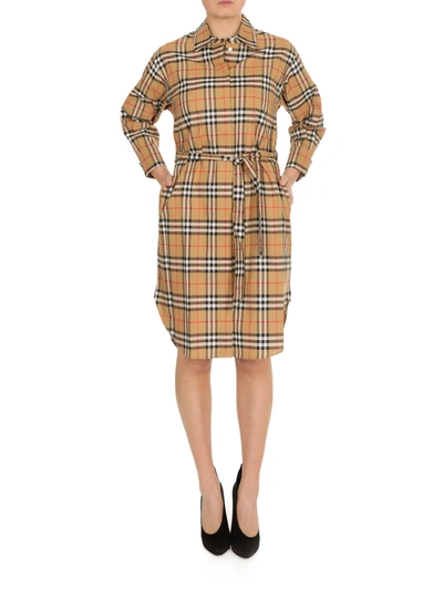 Burberry Chemisier With Vintage Check Motif And Belt In Beige