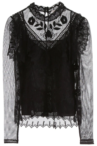 See By Chloé Lace Insert Mesh Blouse In Black