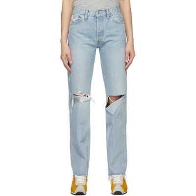 Re/done 90s Loose Straight Cropped Distressed Mid-rise Jeans In Breezy Indigo Rips