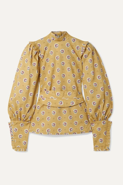Anna Mason Harper Belted Ruffled-trimmed Printed Cotton Top In Yellow