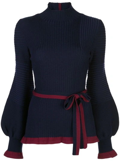 Roksanda Auric Belted Ribbed Merino Wool Turtleneck Sweater In Navy
