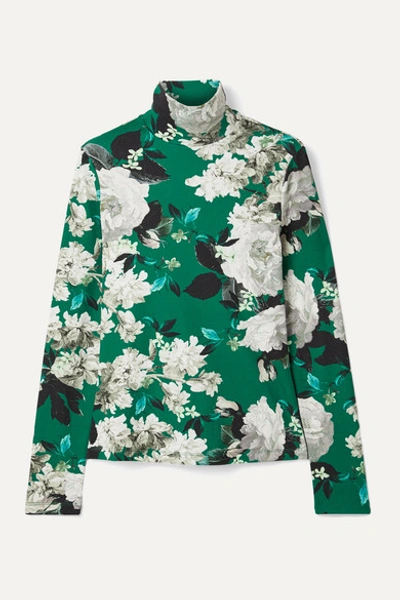 Erdem Kelly Floral-print Ribbed Stretch-jersey Turtleneck Top In Green