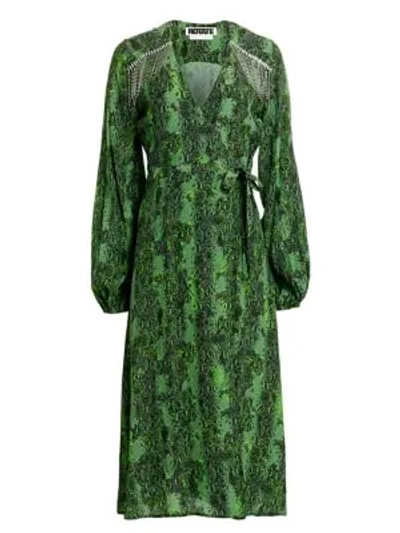 Rotate Birger Christensen Women's Kira Python Print Puff-sleeve Midi Wrap Dress In Green