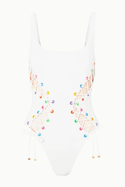 Agent Provocateur Marney Mesh-trimmed Lace-up Swimsuit In White