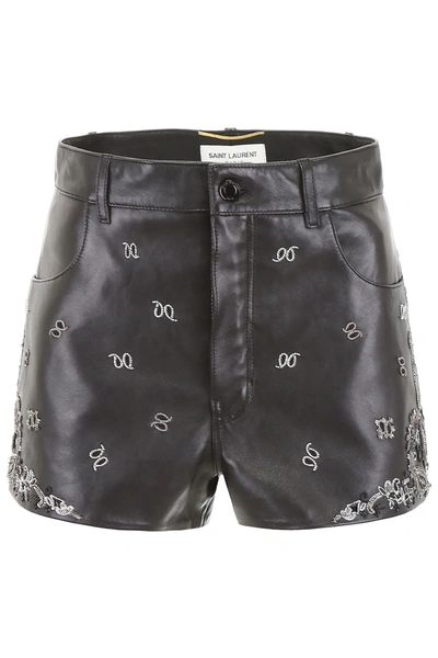 Saint Laurent Embroidered Leather Shorts In Black