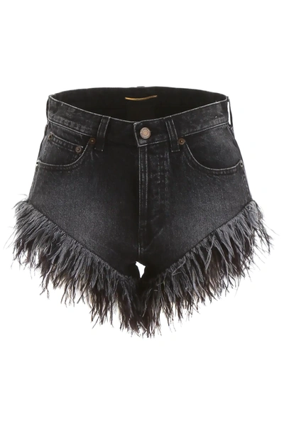 Saint Laurent Denim Shorts With Feathers In Black,grey