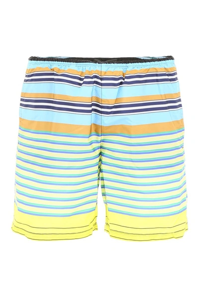 Prada Striped Nylon Swim Shorts In Light Blue,yellow,black