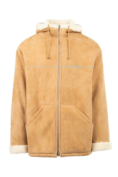 Prada Shearling Coat In Beige