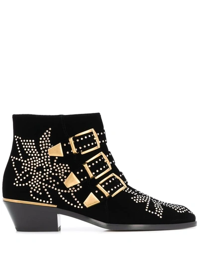 Chloé Susanna Crystal-embellished Velvet Ankle Boots In Black