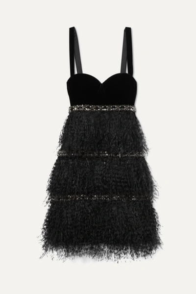 Ralph & Russo Embellished Feather-trimmed Velvet And Crepe De Chine Mini Dress In Black