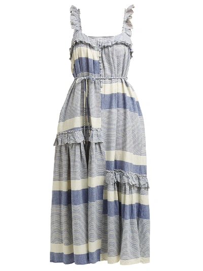 Apiece Apart Lypie Ruffle-trimmed Striped Cotton-gauze Maxi Dress In Blue White