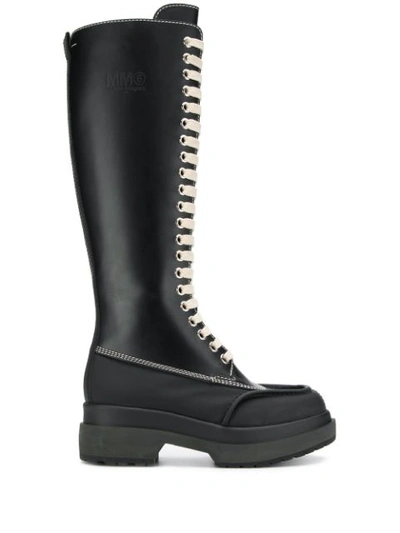 Mm6 Maison Margiela Layered-sole Lace-up Knee-high Leather Boots In Black