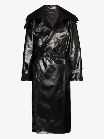 Balenciaga Exaggerated-lapel Coated-cotton Trench Coat In Black
