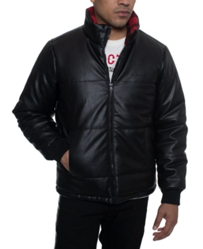 Sean John Men's Faux Leather Quilted Puffer Hipster Jacket With Buffalo Plaid Fleece Collar Trim In Black