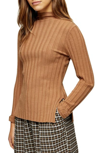 Topshop Marled Ribbed Funnel Neck Sweater In Camel | ModeSens