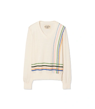 Tory Sport Cotton-cashmere Embroidered-stripe Sweater In Snow White Multi Window Pane