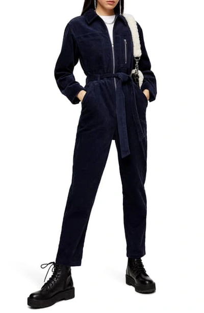 Topshop Corduroy Zip Boilersuit In Navy Blue ModeSens