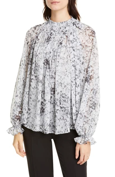 Adam Lippes Pintuck Bow Neck Floral Print Chiffon Blouse In Babys Breath