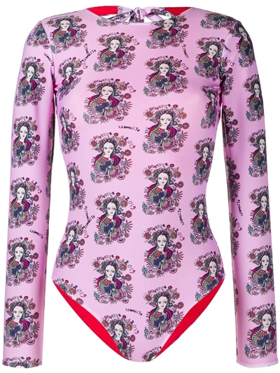 La Doublej Printed Longsleeve Swimsuit In Mini Demeter