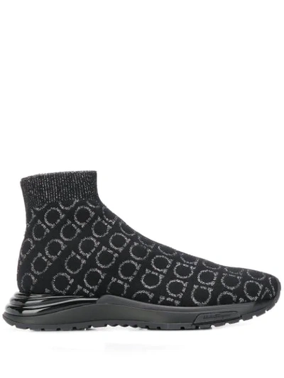 Ferragamo Gancini Sock Trainers In Nero/argento