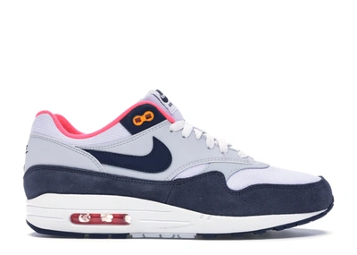 Pre-owned Nike Air Max 1 Pure Platinum Midnight Navy Racer Pink (women's) In White/midnight Navy-pure Platinum-racer Pink-laser Orange