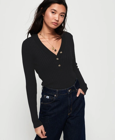 Superdry Lola Buttoned Vee Knit In Black