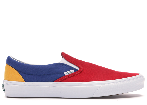 red blue yellow vans slip on