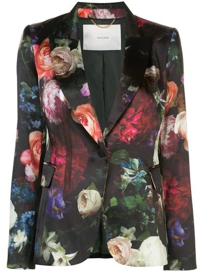 Adam Lippes Floral Print Satin Finish Blazer In Black