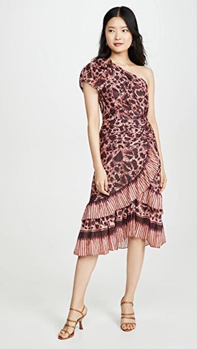 Ulla Johnson Anja Printed One-shoulder Flounce Midi Dress In Bordeaux