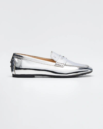 Tod's Metallic Patent Rubber-sole Loafers In Silver