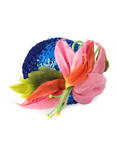 Gucci Sequin Knit Cap W/ Floral Applique In Royal