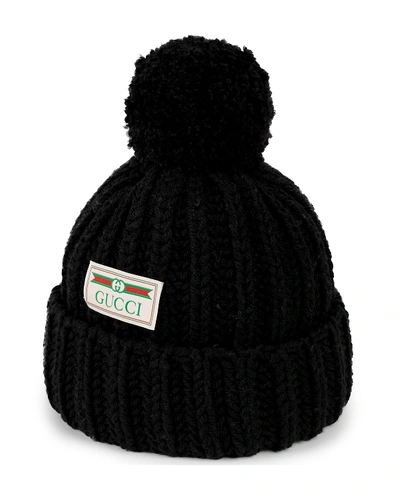 Gucci Knit Wool Pompom Beanie Hat W/ Logo Patch In Black