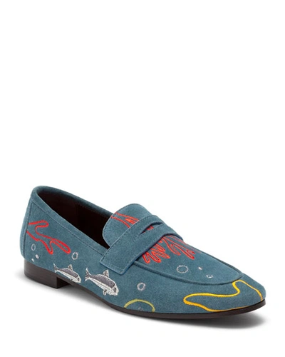 Bougeotte Embroidered Abyss Sardines Suede Loafers In Light Blue