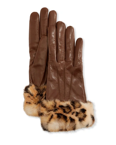 Mario Portolano Cashmere-lined Leather Gloves W/ Mink Fur Cuffs In Brown/leopard