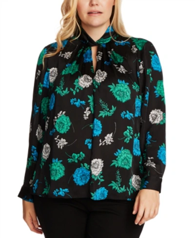 Vince Camuto Floral Lagoon Twist Keyhole Neck Long Sleeve Blouse In Rich Black