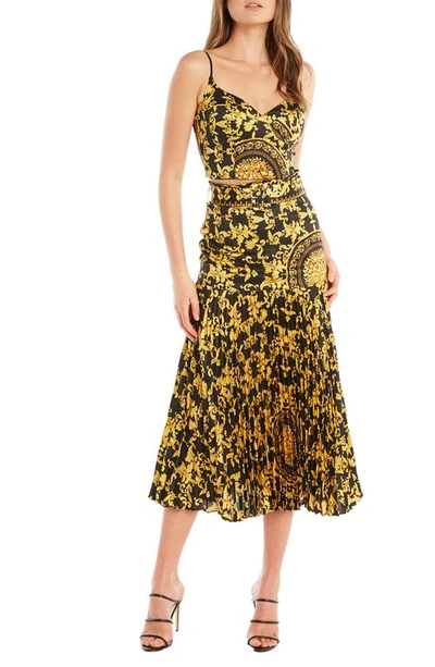 Bardot Scarf Print Pleat Midi Skirt In Gold Scarf