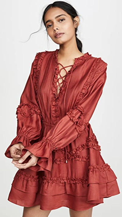C/meo Collective Slow Down Long Sleeve Ruffle Minidress In Carmine