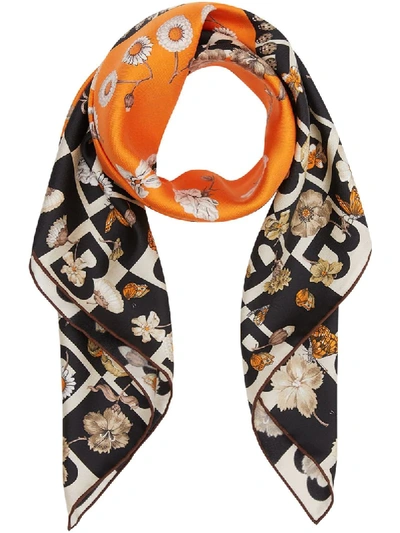 Burberry B Motif And Floral Print Silk Square Scarf In Bright Orange
