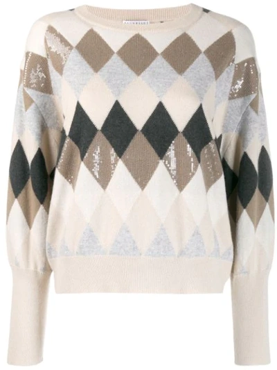 Brunello Cucinelli Argyle Knit Sweater In Neutrals