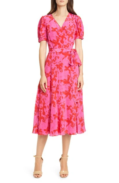 Tanya Taylor Dorothy Silk-printed Puff-sleeve Midi Dress In Lilies Hot Pink