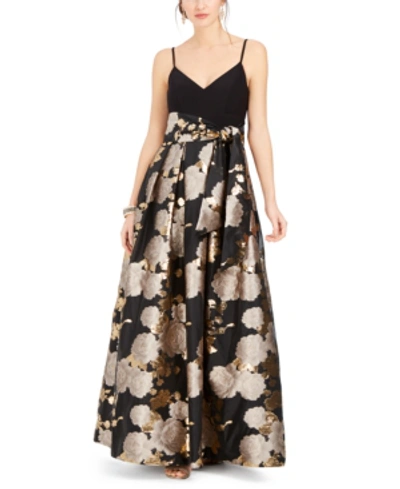 Eliza J Metallic Floral-print Gown In Black/gold Floral