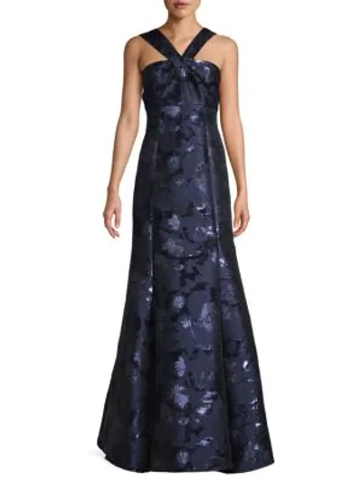 Aidan Mattox Halterneck Metallic Floral Trumpet Gown In Navy