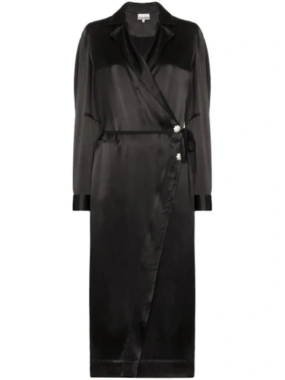 Ganni Heavy Satin Long Dress Coat In Black