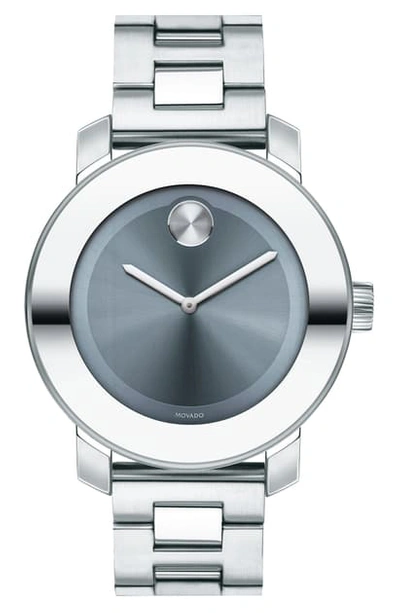 Movado 'bold' Round Patent Leather Strap Watch, 36mm In Stainless Steel/ Grey