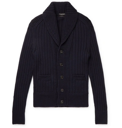 Tom Ford Shawl-collar Ribbed Merino Wool Cardigan In Black