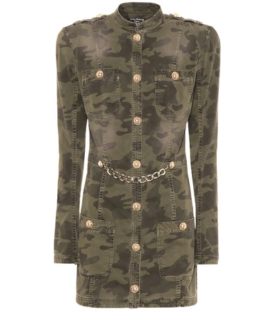 Balmain Chain-embellished Camouflage-print Cotton-blend Jacket In Army Green