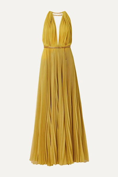 Oscar De La Renta Chain-embellished Pleated Silk-chiffon Gown In Yellow