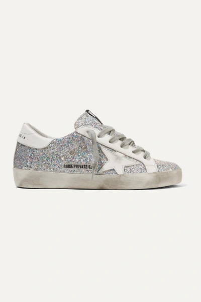 Golden Goose Superstar Distressed Glittered Leather Sneakers In Silver
