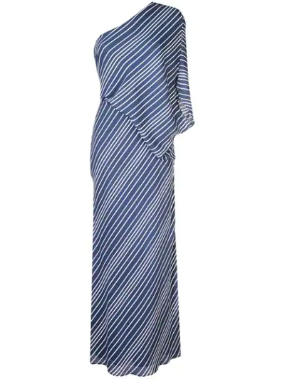 Halston Heritage Women's Asymmetric Sleeve Striped Georgette Gown In Navy/chalk Pinstripe