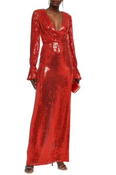 Jenny Packham Wrap-effect Embellished Silk Crepe De Chine Gown In Red